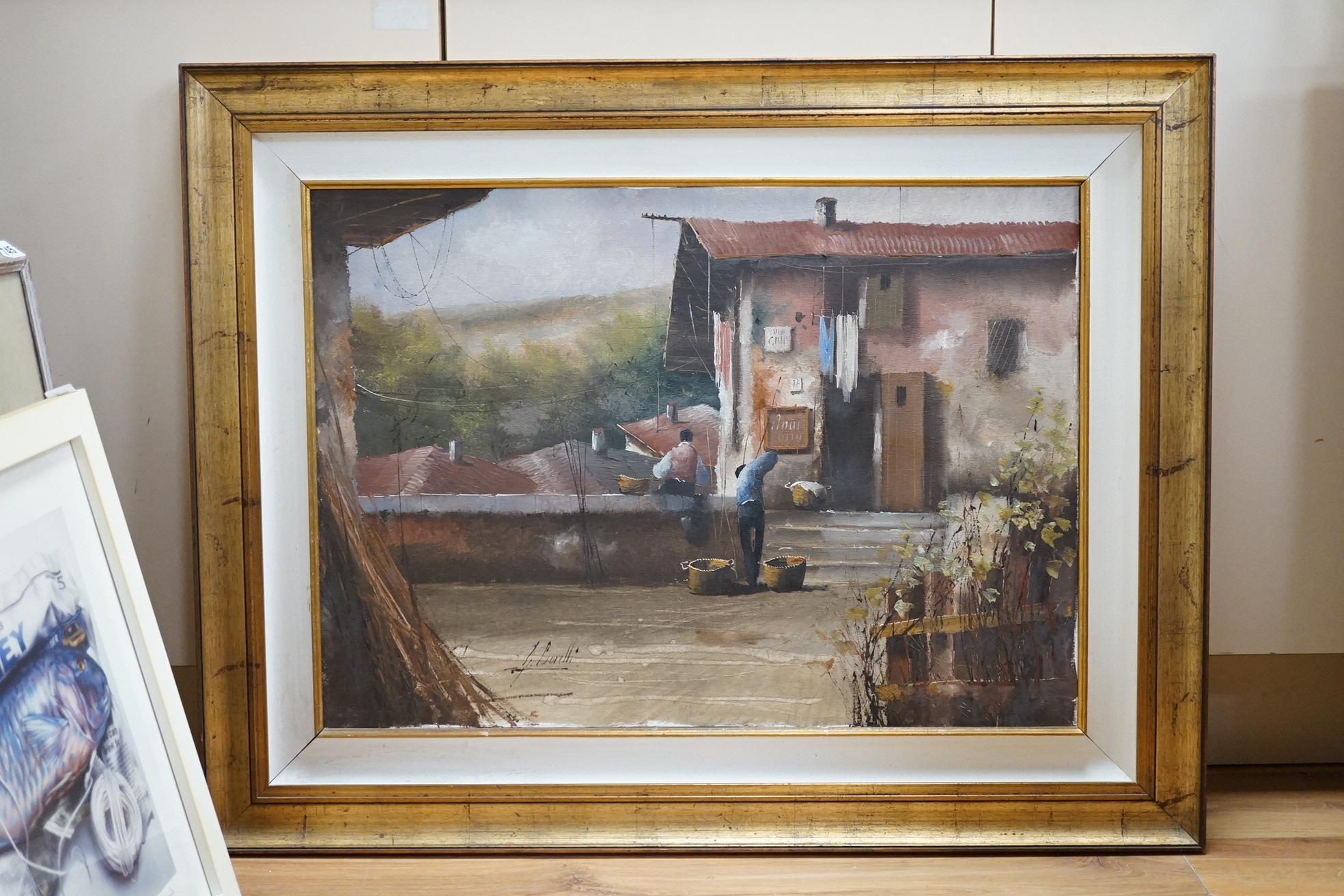 Guido Borelli (Italian, b.1952), oil on canvas, Italian village scene with figures, signed, 49 x 69cm. Condition - good